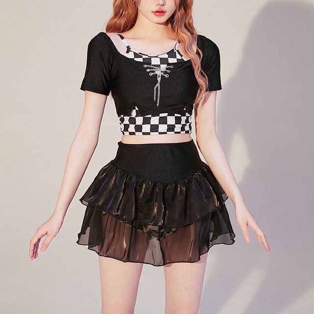 Atrahasis Set Checkerboard Tankini Top + Bottom + Swim Skirt + Cover