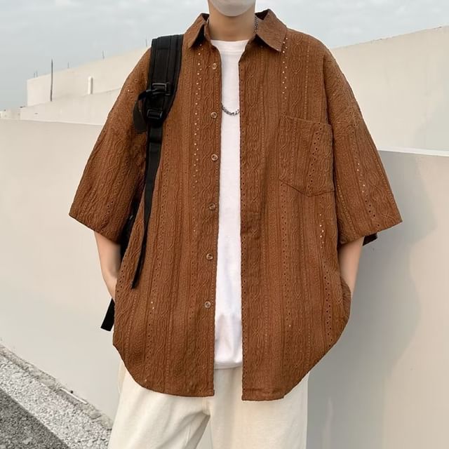 Cowpow-34-Sleeve Plain Perforated Button-Up Shirt