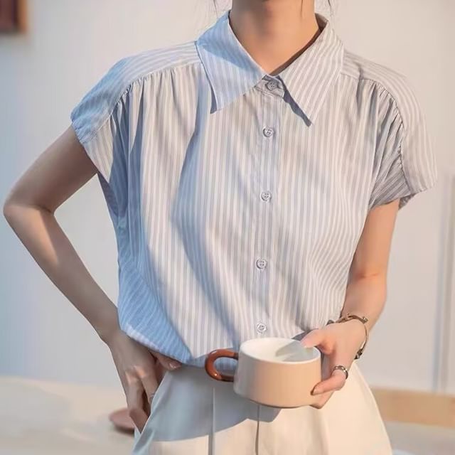 PANDAGO-Short-Sleeve Striped Button-Up Shirt