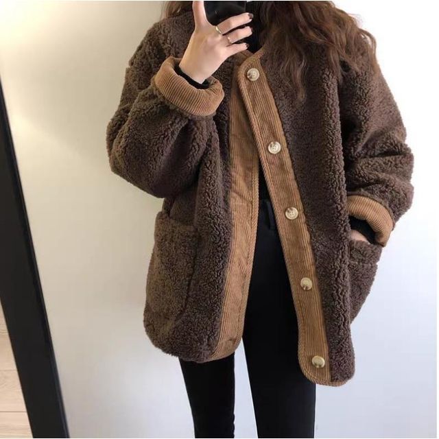Sienne-Contrast Trim Corduroy Panel Fleece Button-Up Jacket