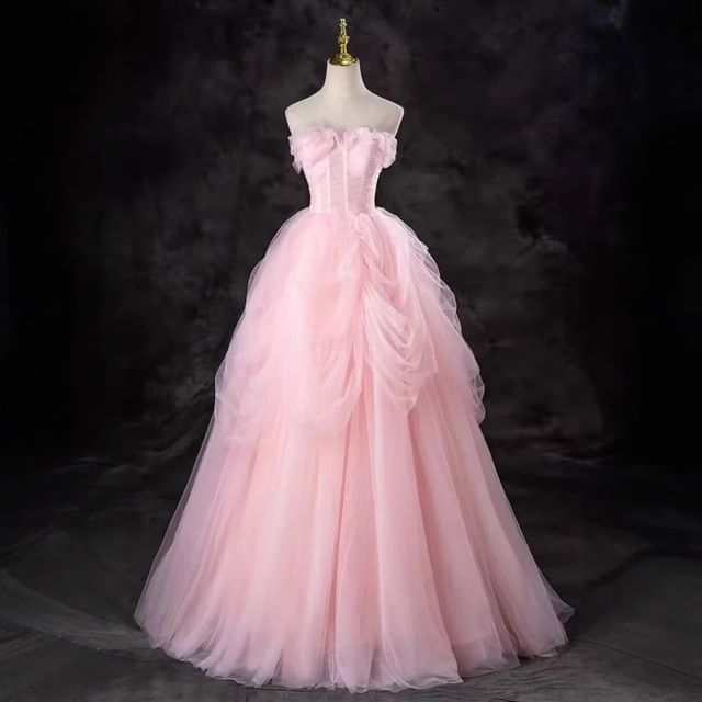 Lexama-Strapless Plain Ruched Mesh A-Line Evening Gown