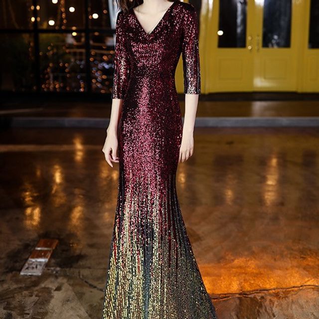 Phaborio - 3/4-Sleeve V-Neck Gradient Sequin Mermaid Evening Gown | YesStyle Phaborio - 3/4-Sleeve V-Neck Gradient Sequin Mermaid Evening Gown | YesStyle