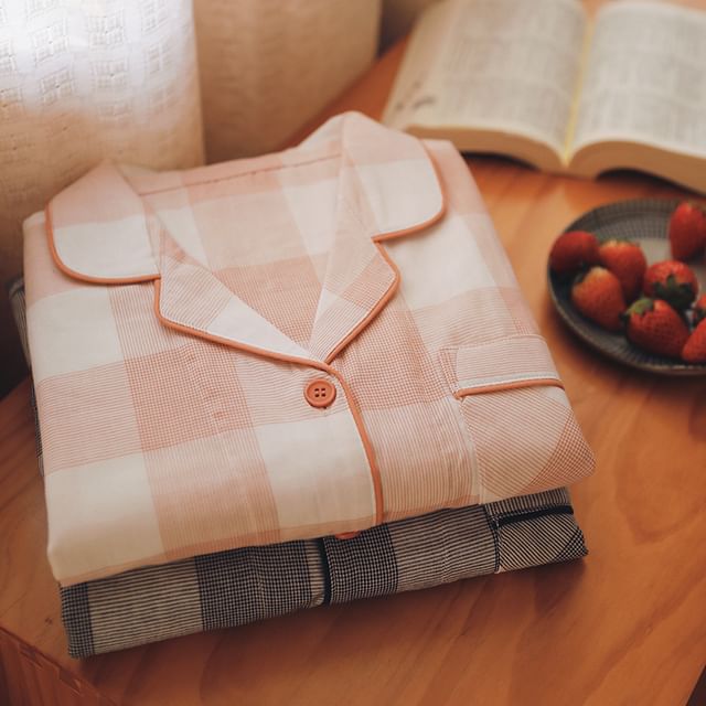 Dazzli-Couple Matching Pajama Set Long-Sleeve Lapel Collar Gingham Button-Up Top Pants