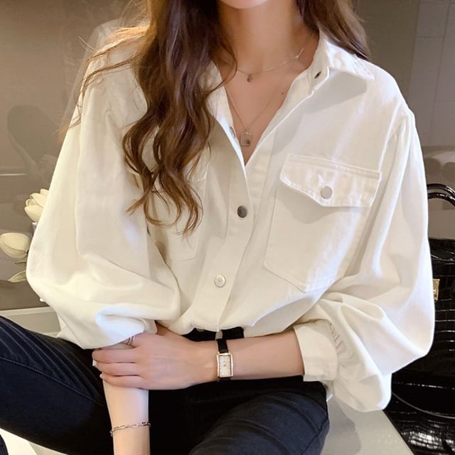 ISSOL-Long-Sleeve Pocketed Plain Shirt