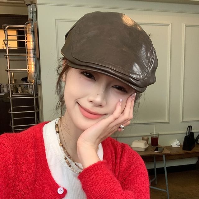 Combon Plain Faux Leather Flat Cap YesStyle