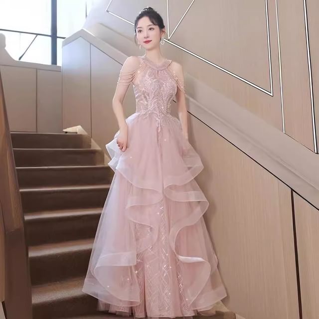 MSSBridal-Cold-Shoulder Plaid Sequin Ruffle A-Line Evening Gown