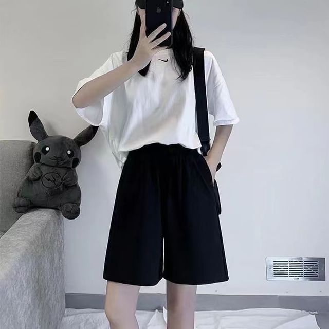Everose-High Waist Plain Wide Leg Shorts