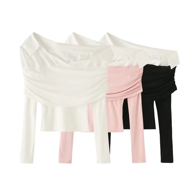 Asiris-Long Sleeve One Shoulder Mock Two Piece Crop Top