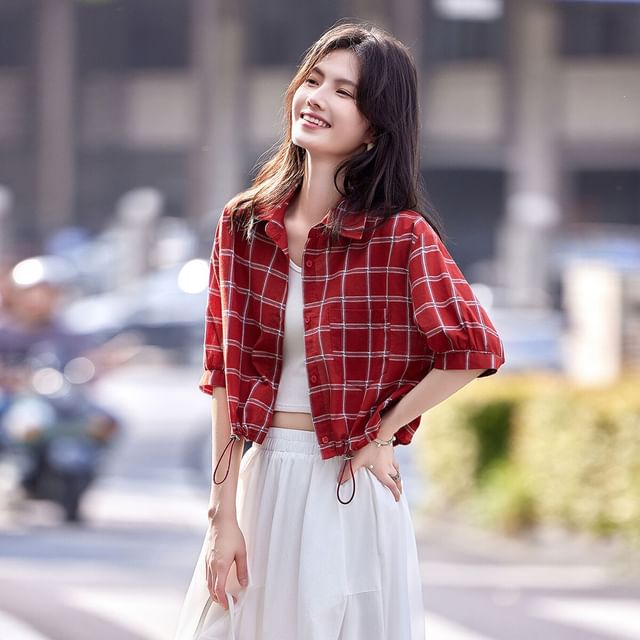 Jeonseon-Short Sleeve Collared Plaid Drawstring Shirt