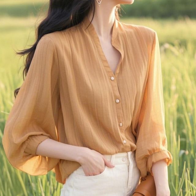 Jeonseon-Long Sleeve V-Neck Plain Blouse