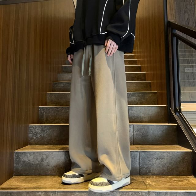 Priam-Drawstring Waist Plain Fleece-Lined Wide Leg Sweatpants