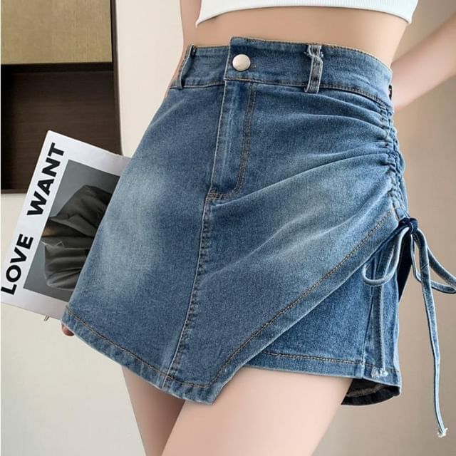 Sienne-High Waist Washed Distressed Mini Denim Skort