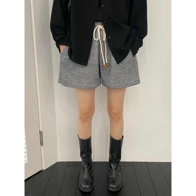 SeoulPop-Drawstring Waist Plain Ribbed Shorts