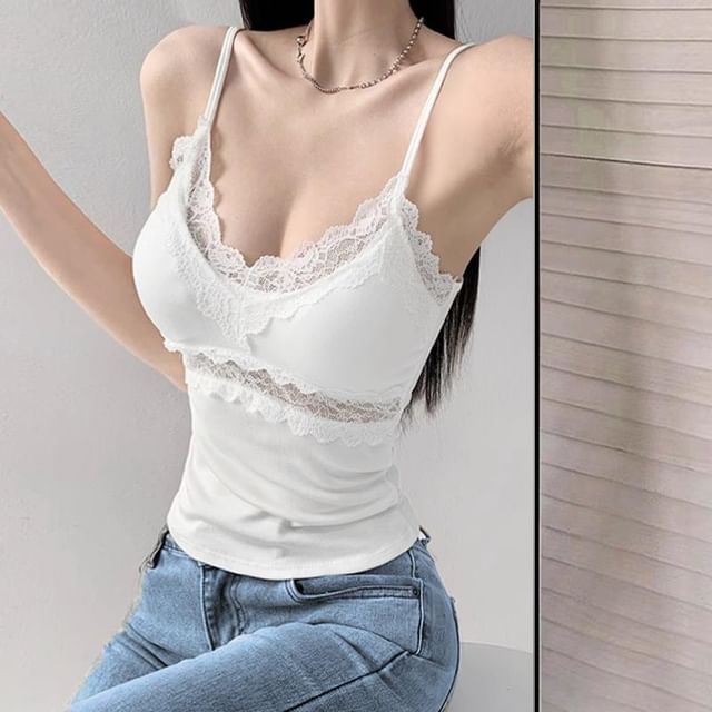 Allinya-V-Neck Lace Trim Camisole Top
