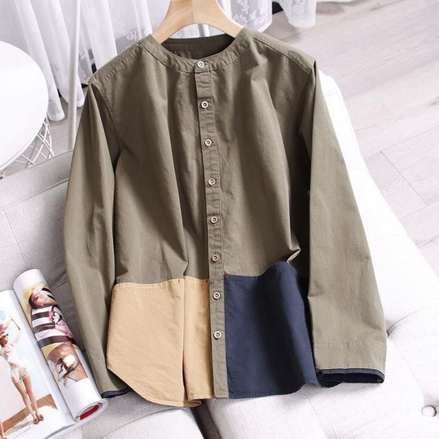 Lewwe-Long Sleeve Stand Collar Color Panel Blouse