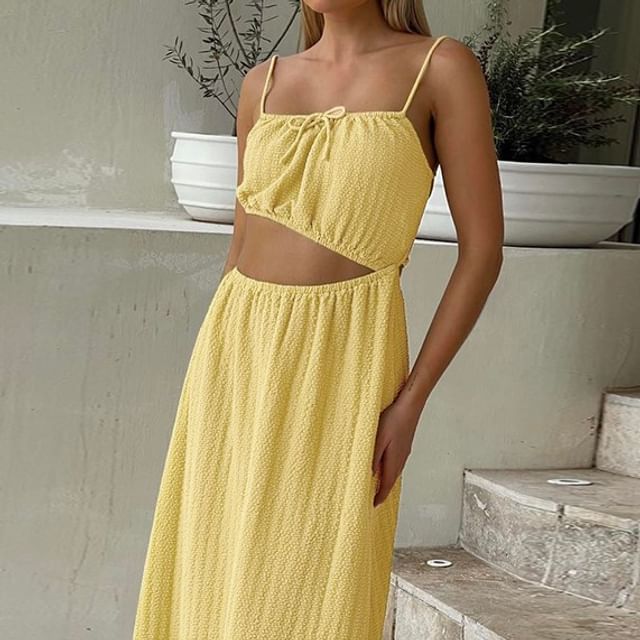 Alizio-Spaghetti Strap Plain Cutout Tie Front Open Back Maxi A-Line Dress