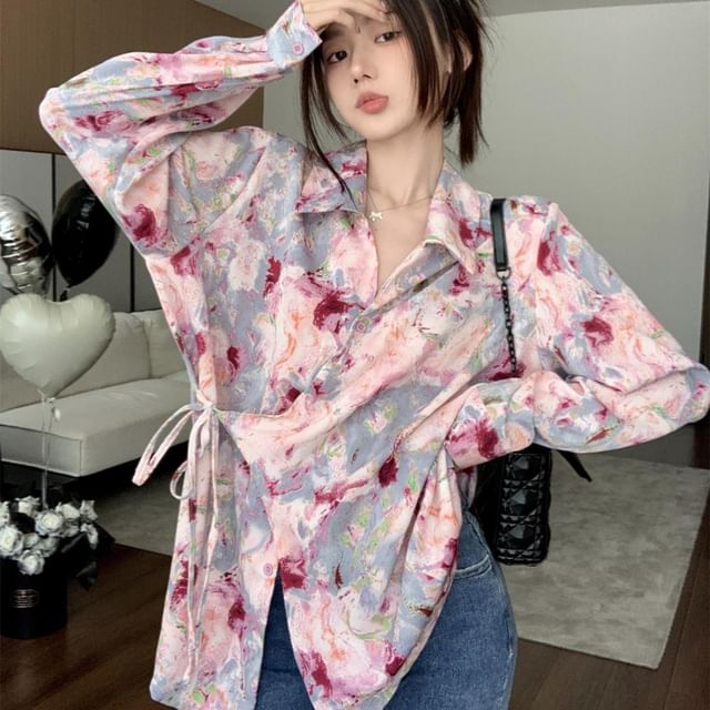 JVL-Long-Sleeve Collared Tie Dye Tie Side Wrap Blouse