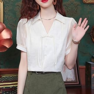 Dragan Pulse-Puff-Sleeve V-Neck Floral Blouse