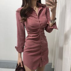 伊之戀 - 皺褶迷你塑身中長襯衫裙 伊之戀 - 皺褶迷你塑身中長襯衫裙