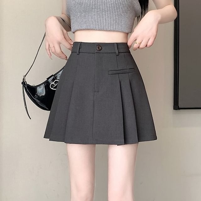 Magimomo - High Waist Plain Pleated Mini A-Line Skirt | YesStyle