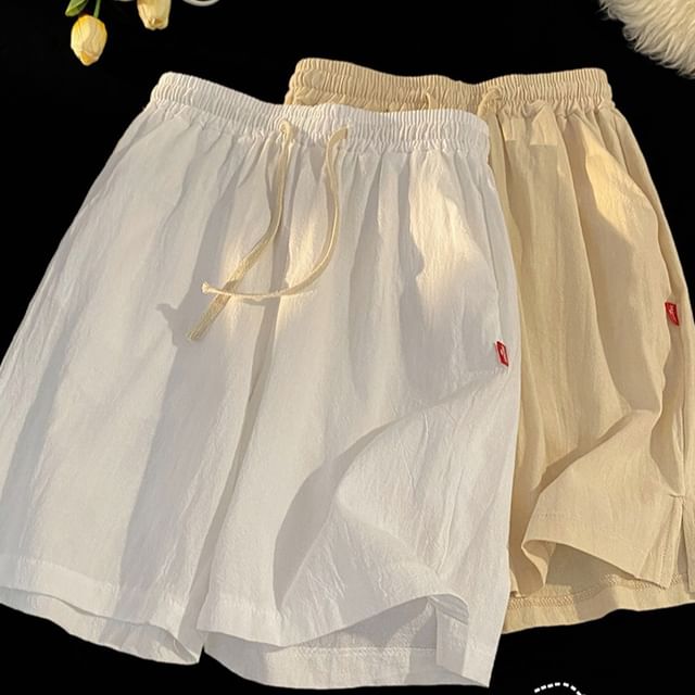 emeisa-Drawstring Waist Linen Plain Shorts