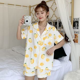 Sadelle - Pajama Set: Short-Sleeve Lemon Print Shirt + Shorts | YesStyle
