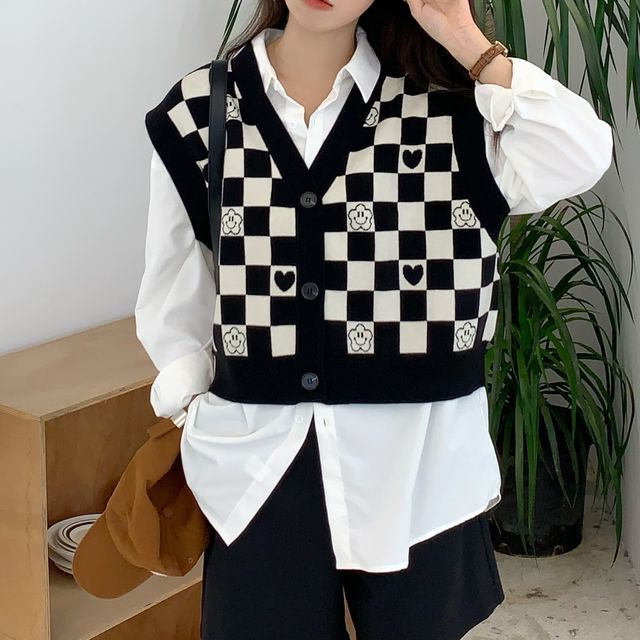 Yesstyle Checkered Knit Vest Cropped Sweater Vest Shirt On Top Of