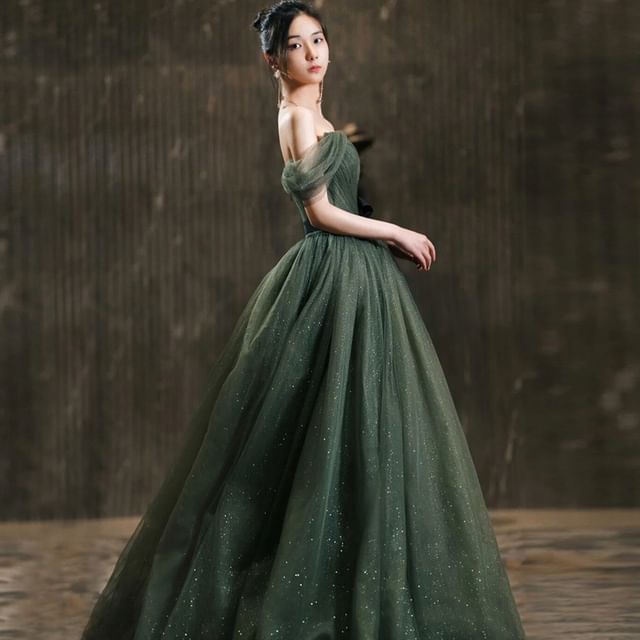 Lexama-Off-Shoulder Glitter A-Line Evening Gown