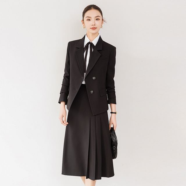 Skyheart-Button-Up Plain Blazer High Waist Midi Skirt