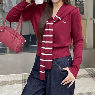 Zeedaren Plus Size Set: Dog Print Sweater + Striped Knit Cape Sale