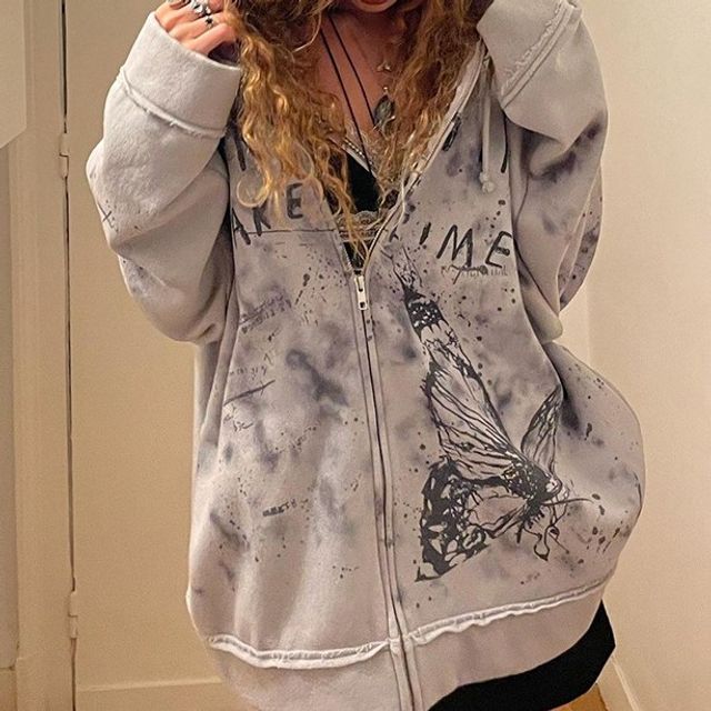 Genrovia - Butterfly Print Zip Oversized Hoodie | YesStyle