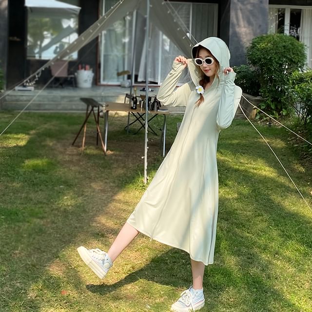 Gwendolyn - Long-Sleeve Plain Hooded Zip-Up Midi A-Line Dress
