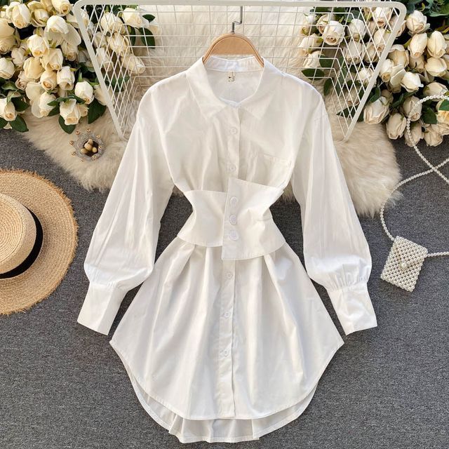 Long sleeve tight waist best sale shirt dress