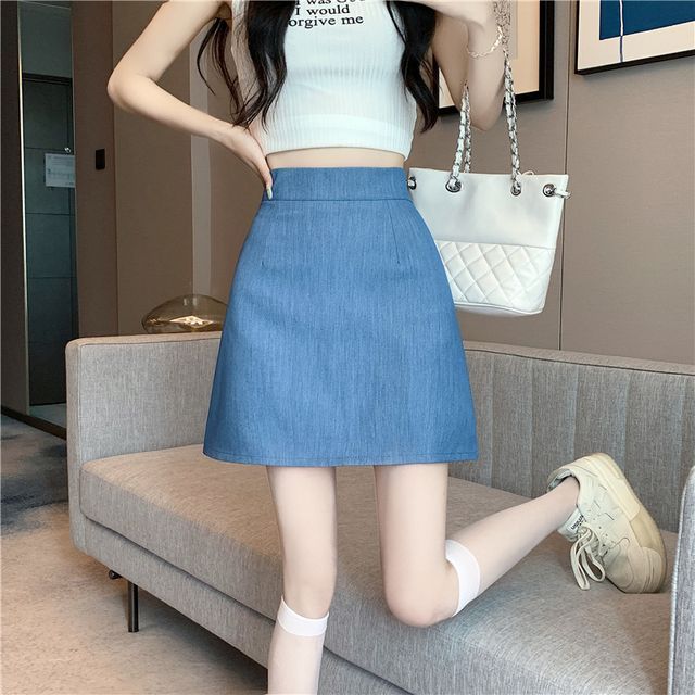 Everose-High Waist Plain Denim Mini A-Line Skirt