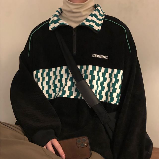 GRAYCIOUS-Collar Checked Panel Half-Zip Corduroy Sweatshirt
