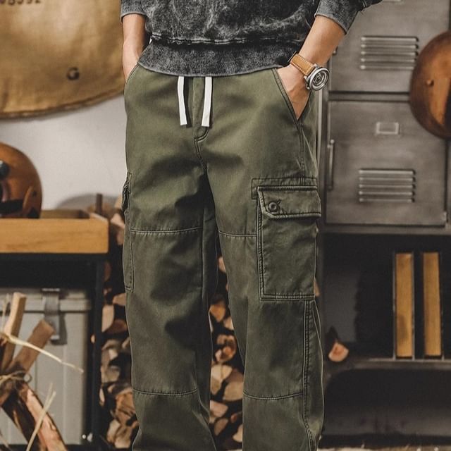 DuckleBeam-Drawstring Waist Plain Straight Leg Cargo Pants