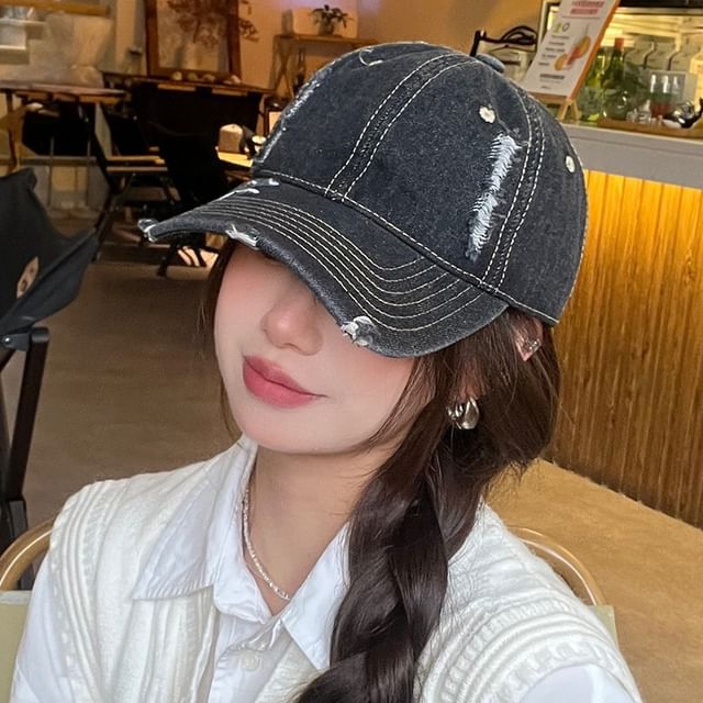 FROME-Washed Distressed Denim Baseball Cap