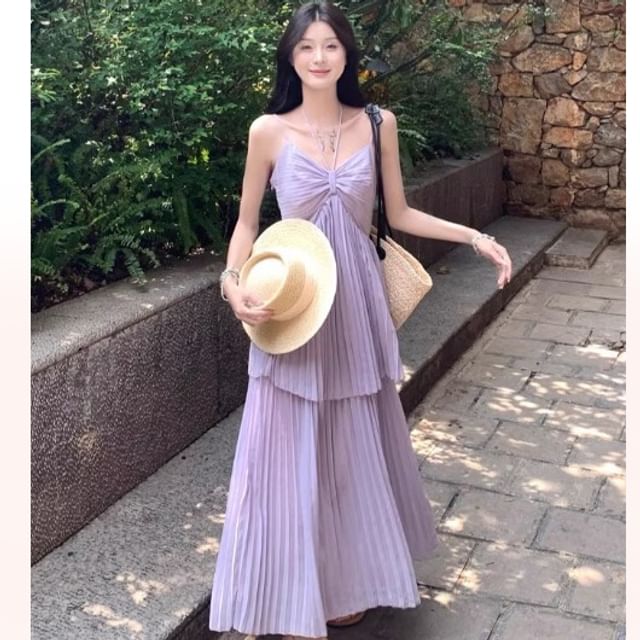 chinese dress ladies Blue Chiffon Pleated A-line Tiered Maxi Dress – Ohmollydress main image 1