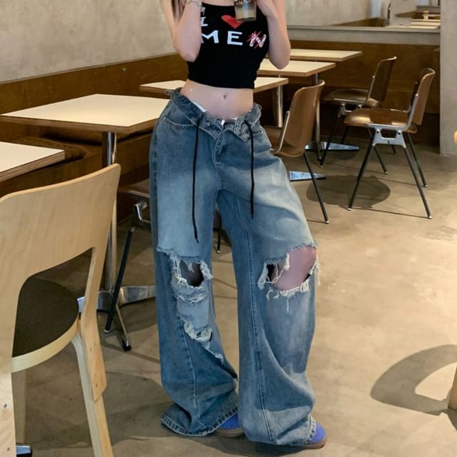 Shopherd-Drawstring Waist Washed Ripped Wide Leg Jeans