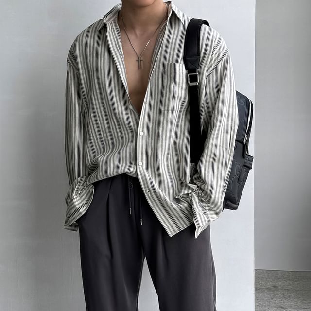 Okwano-Long Sleeve Collared Striped Shirt