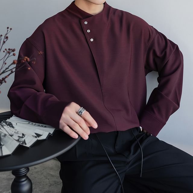 CHIC ERRO-Long-Sleeve Stand Collar Plain Buttoned Shirt