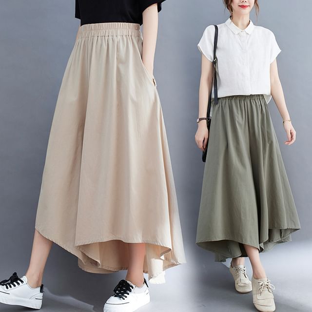 Supernova-Elastic Waist Plain Asymmetrical Culottes