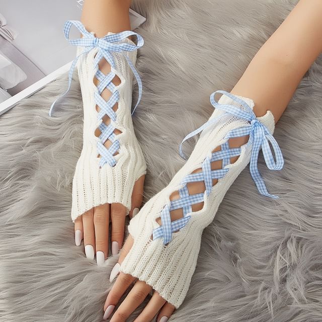 Mimiyu-Plaid Lace-Up Long Gloves