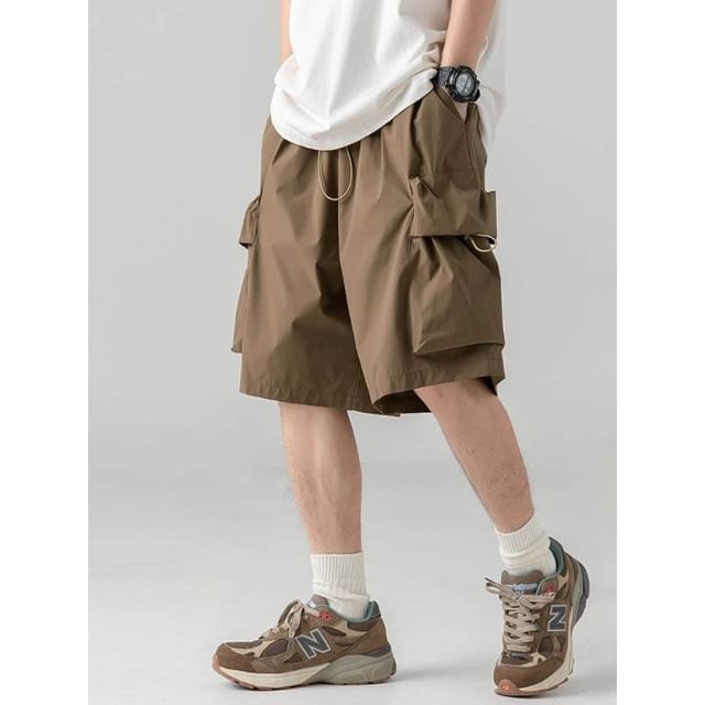 fluffush-Drawstring Waist Plain Cargo Shorts