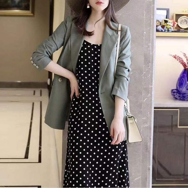 Everose-Spaghetti Strap Dotted Midi A-Line Dress