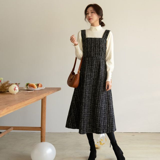 Flared Long Tweed Pinafore Dress Flared Long Tweed Pinafore Dress