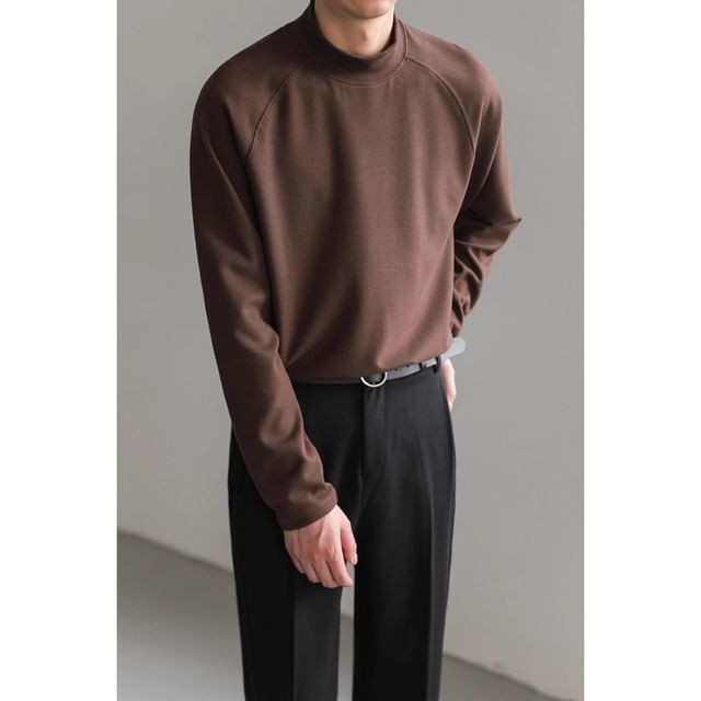 Naideth-Long Sleeve Mock Neck Plain T-Shirt