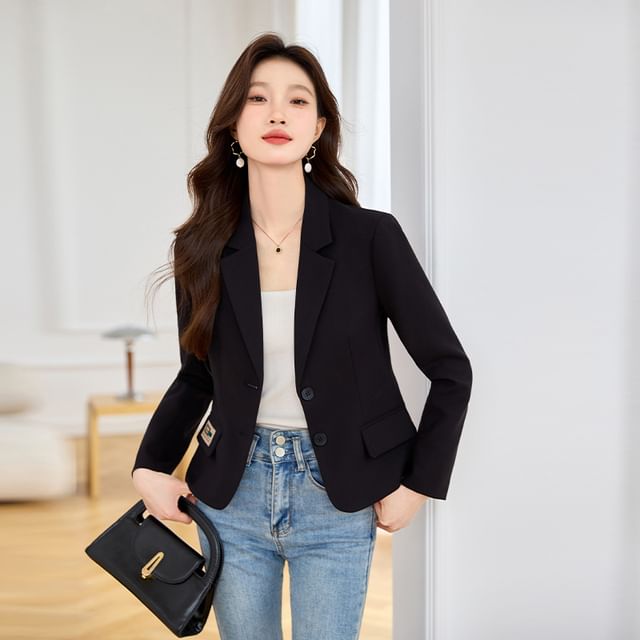 Skyheart-Notch Lapel Single-Breasted Plain Blazer