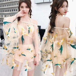 Jumei - Set: Plain Bikini + Bird Embroidered Cover-Up Jumei - Set: Plain Bikini + Bird Embroidered Cover-Up