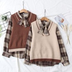 Citree - Set: Tie-Neck Plaid Shirt + Contrast Trim Sweater Vest